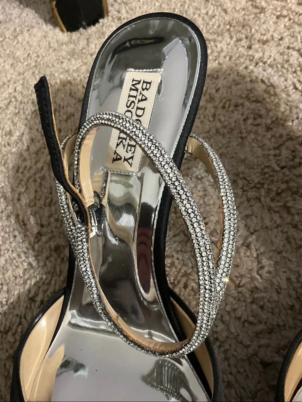 Badgley Mischka Black Satin Pointed-Toe Slingback Heels with Crystal Bow